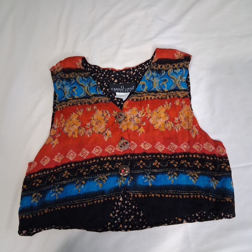 Carole Little 90s Boho Bohemian Colorful Wooden Beaded Button Cropped Vest Sz 6P